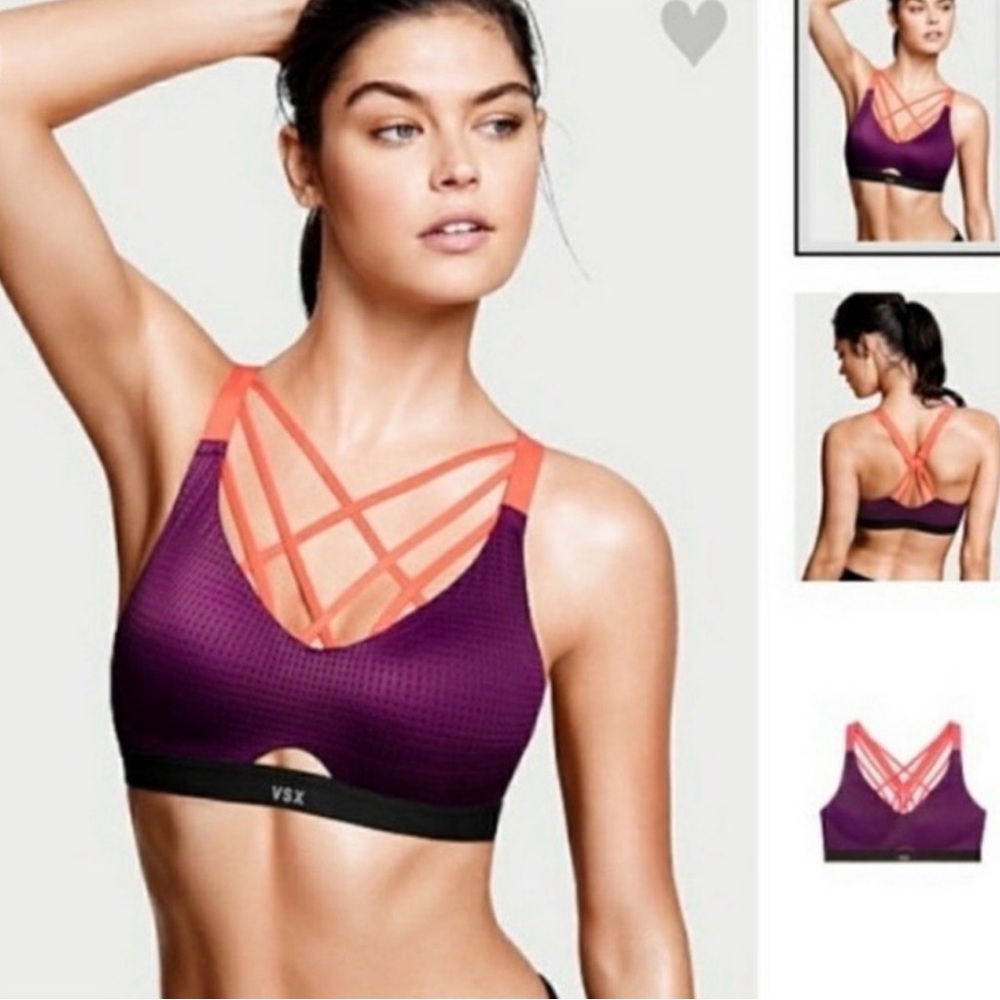 Victoria’s Secret VSX Knockout Olive Mesh Sports Bra with Coral and Purple 32B